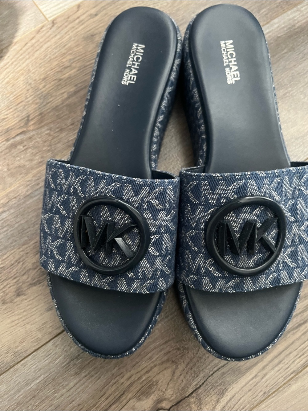Michael Kors Navy MK Logo Denim platform sandals